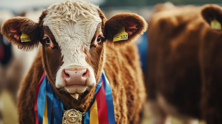 Young award-winning cow adorned with ribbons at a rural agricultural fair during summerの素材