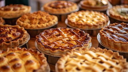 Delicious homemade pies displayed on a rustic wooden table at a local bakeryの素材