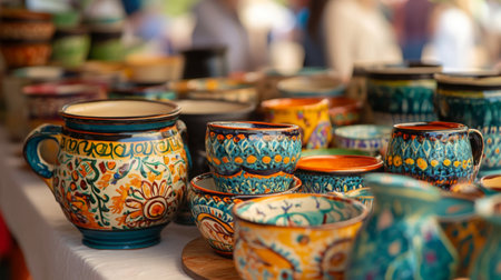 Colorful handcrafted pottery displayed at a vibrant marketの素材