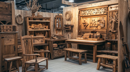 Cozy woodwork display showcasing handcrafted furniture and decorations at an artisan fairの素材