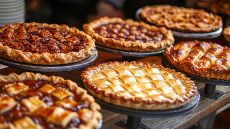 Variety of pies displayed in a bakery counter during autumnの素材