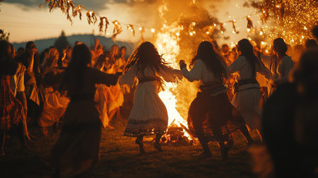 Celebrating around a bonfire at dusk during a traditional festival in outdoor settingの素材