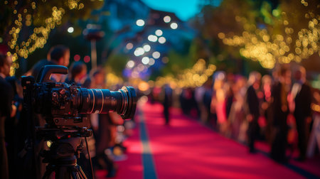 Camera focused on a red carpet event with guests mingling in the evening lightの素材