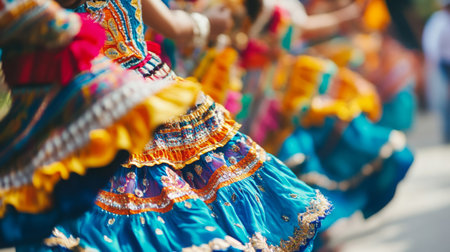 Traditional dancers performing in vibrant costumes during a cultural festivalの素材