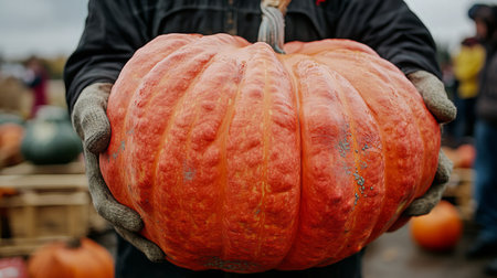 Person holding a large orange pumpkin at a fall harvest festivalの素材