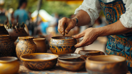Artisan shaping pottery at a craft fair in the afternoon sunlightの素材