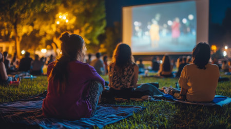 Outdoor movie screening at night with audience enjoying a film under bright lightsの素材