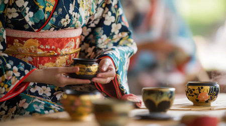 Traditional tea ceremony in a Japanese garden during springtimeの素材