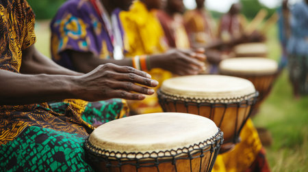 Drummers performing in vibrant traditional attire outdoors during a cultural celebrationの素材