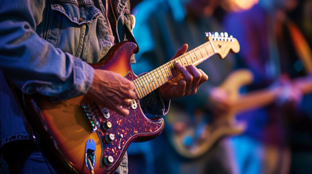 Musician plays electric guitar on stage during evening performance in vibrant venueの素材