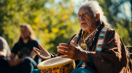 Elderly man drumming and sharing stories during a cultural gathering in a forest settingの素材