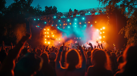 Crowd enjoying a live music concert at sunset with colorful lights and vibrant atmosphereの素材