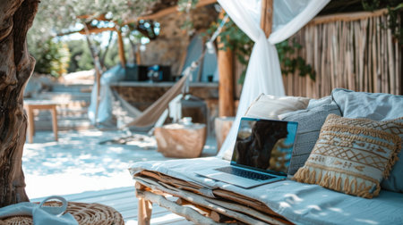 Serene Outdoor Workspace With Laptop and Hammockの素材