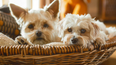 Two Small White Dogs Laying in Wicker Basketの素材