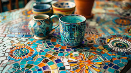 Colorful Ceramic Mugs and Mosaic Table Artworkの素材