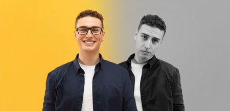 Two Men With Contrasting Expressions Standing Against Backgrounds