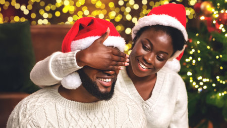 Loving wife closing husbands eyes with hand, prepared Christmas surpriseの写真素材