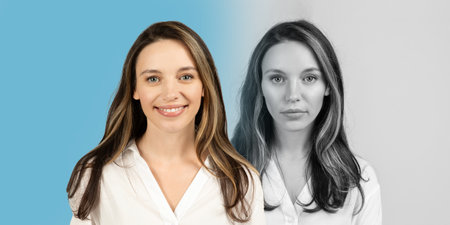 Smiling Young Woman in Bright Studio Setting With Monochrome Variation