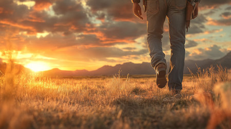 Person walking through a field at sunset in a mountainous landscapeの素材