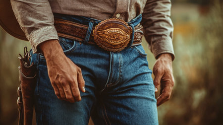 Cowboy in denim jeans and belt buckle standing in a rustic outdoor environmentの素材