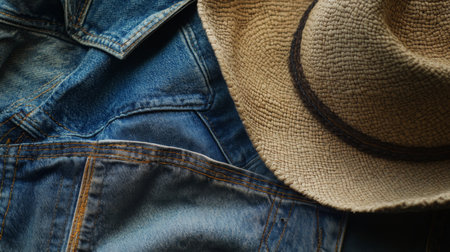 Denim jacket and straw hat laid together on a textured surface in soft lightingの素材