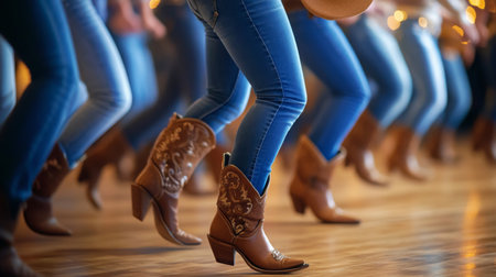 Line dancers wearing brown boots practice synchronized moves indoors in evening lightの素材
