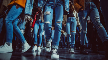 People walking in ripped jeans at an indoor event during the evening hoursの素材