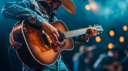 Country musician playing guitar on stage during a nighttime concertの素材