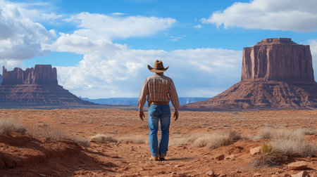 Cowboy walking through Monument Valley under a bright sky in the afternoonの素材