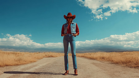 Cowgirl posing on a dusty road under a bright blue sky in the late afternoonの素材