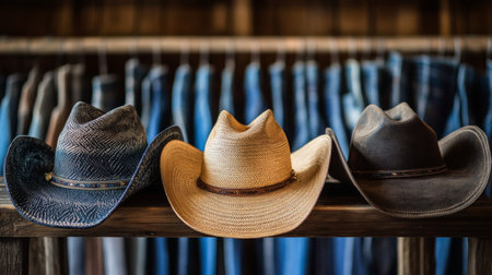 Cowboy hats displayed on a rack in a western store surrounded by denim jeansの素材