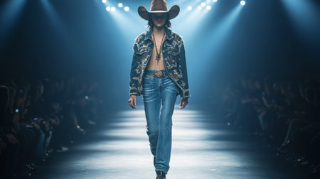 Model walks the runway in a denim outfit with cowboy hat during a fashion show at nightの素材
