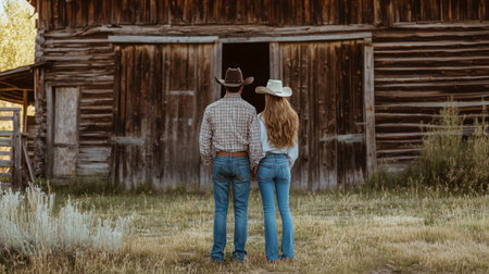 Couple wearing cowboy hats stands together outside a rustic barn during golden hourの素材