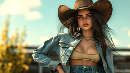 Young woman in a cowboy hat and denim outfit poses outdoors against a bright skyの素材