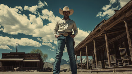 Cowboy standing confidently in a rustic western town under a bright blue skyの素材