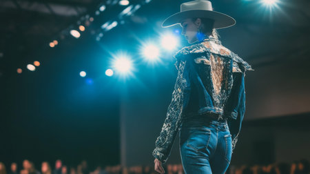 Model showcasing western fashion on the runway during a fashion show at an exhibition hallの素材