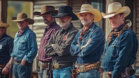 Group of cowboys dressed in denim and hats at a western-themed venue in the afternoon sunの素材