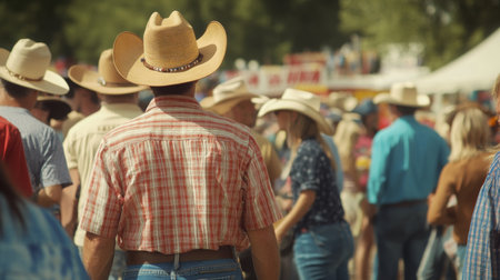 Cowboys and cowgirls gather at a local fair on a sunny day in a rural townの素材
