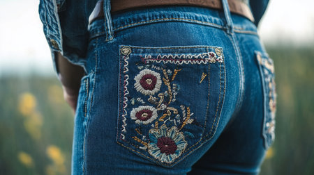 Embroidered denim jeans and natural landscape during golden hourの素材
