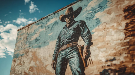 Cowboy mural painted on a wall against a blue sky in a desert town during the afternoonの素材