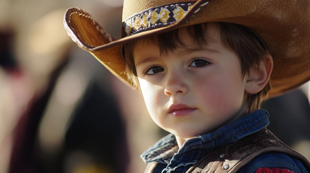 Young child in cowboy hat at outdoor event during daytimeの素材
