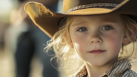 Young child wearing a cowboy hat outdoors during golden hour at a ranchの素材