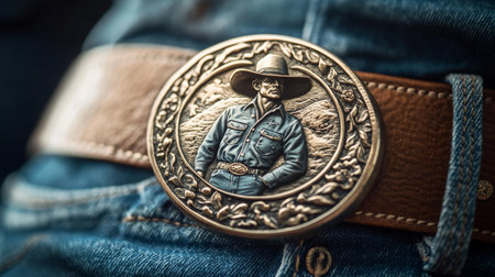 Detailed cowboy belt buckle on denim attire showcasing Western fashion styleの素材