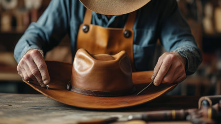 Craftsman shaping a leather cowboy hat in a workshop during daylightの素材