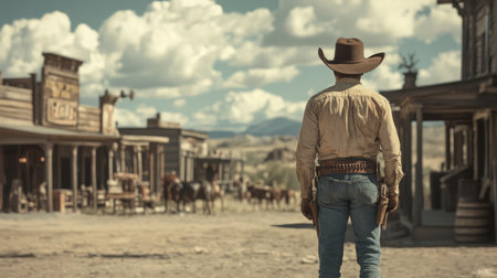 Cowboy stands in a dusty western town under a bright sky during the afternoonの素材