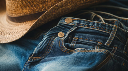 Denim jeans and straw hat laid out on a table in a rustic settingの素材