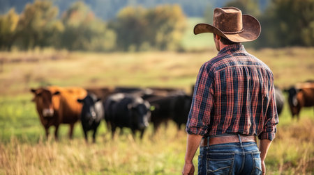 Cowboy tending to cattle in a pasture during a sunny afternoonの素材