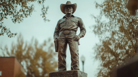 Bronze cowboy statue stands tall in a city park surrounded by autumn treesの素材