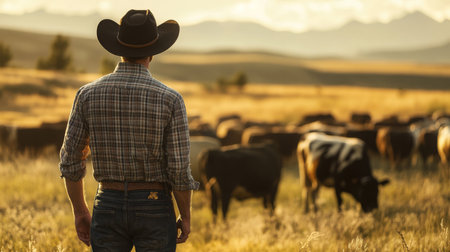 Cowboy herding cattle at sunset on a ranch in the countrysideの素材