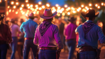 Cowboy couple dancing at a festive outdoor event under string lights at duskの素材